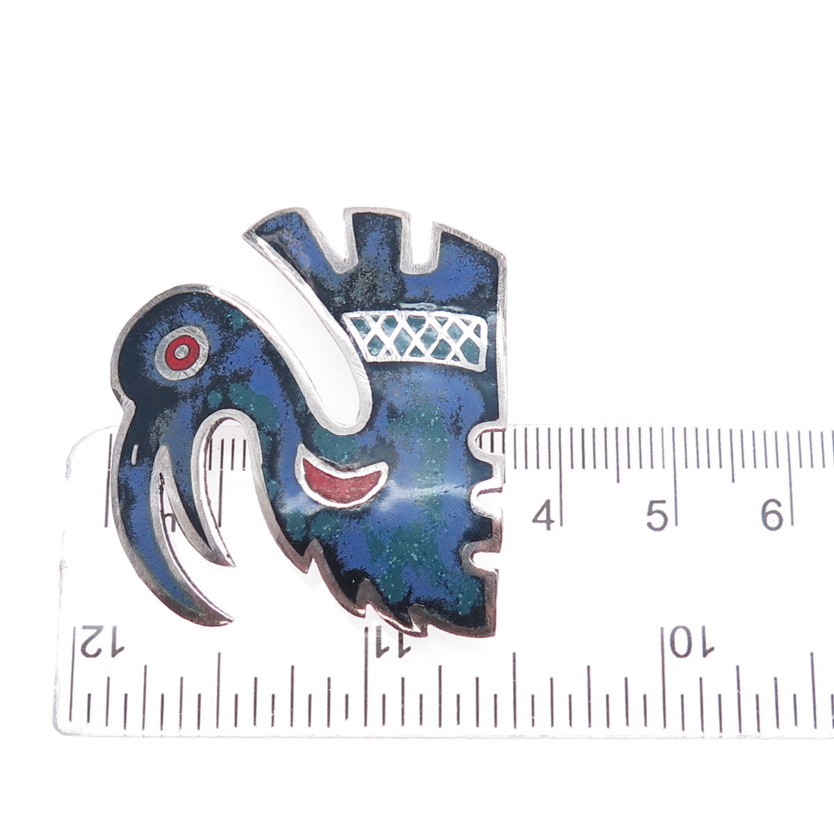 925 Sterling Silver Vintage Enamel Tribal Bird Oxidized Pin Brooch