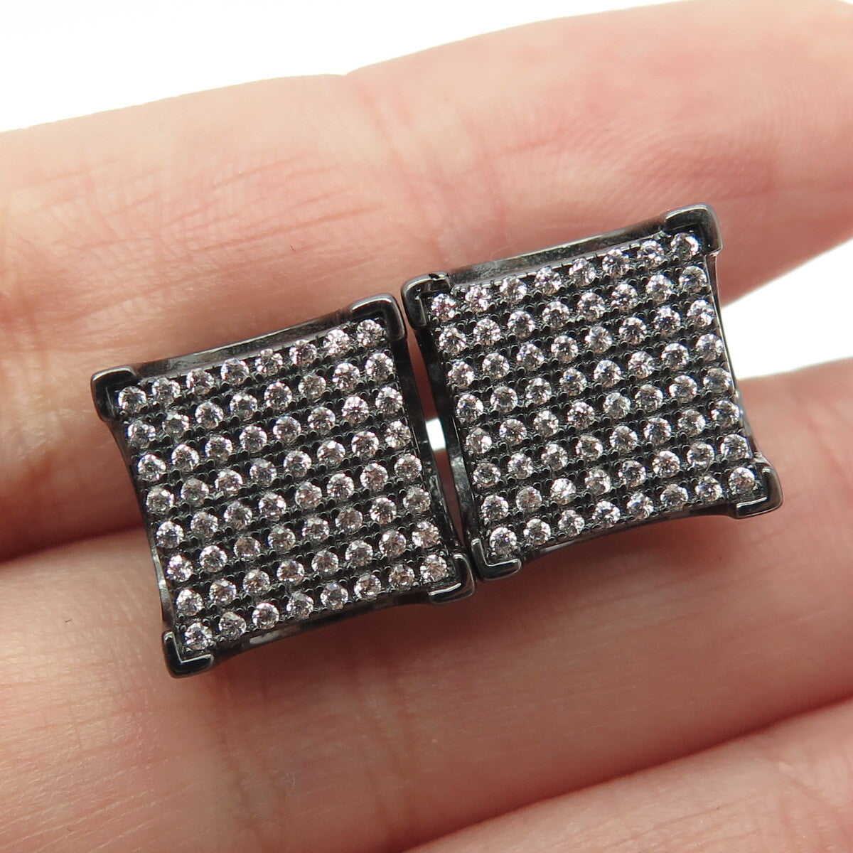 925 Sterling Silver Round-Cut C Z Black Rhodium Stud Earrings