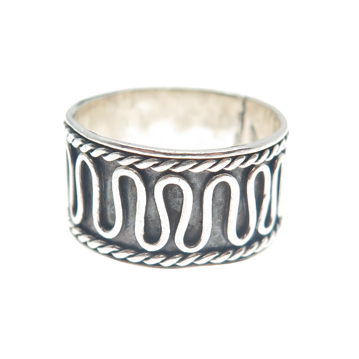 925 Sterling Silver Vintage Modernist Wavy Zig Zag Oxidized Ring Size 7