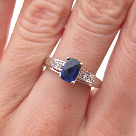 925 Sterling Silver Lab-Created Sapphire & C Z Ring Size 6.75