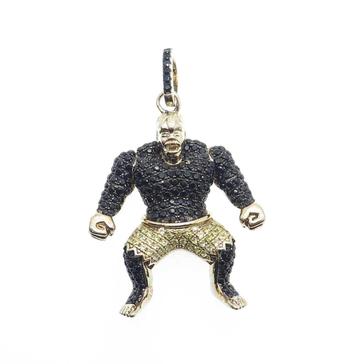 925 Sterling Silver Gold Plated Real Round-Cut Spinel & C Z Black Hulk Pendant