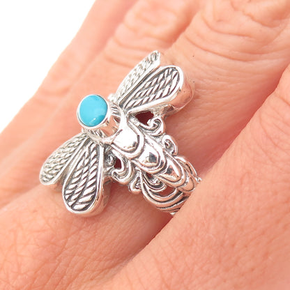 925 Sterling Silver Vintage Real Turquoise Dragonfly Oxidized Ring Size 9.25
