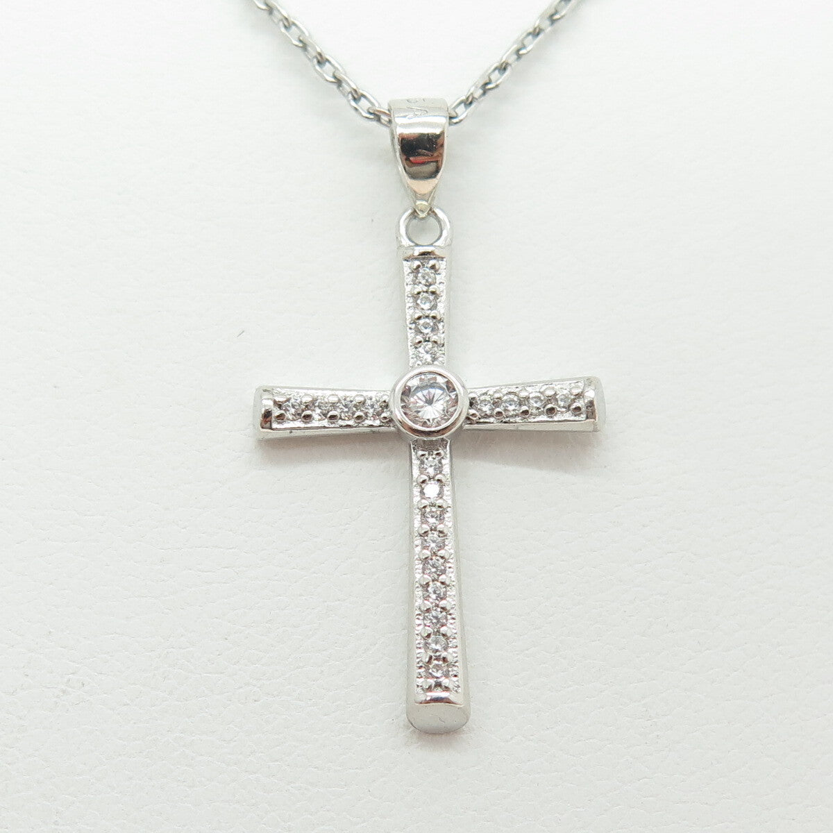 925 Sterling Silver Italy Round-Cut C Z Cross Cable Chain Necklace 16"