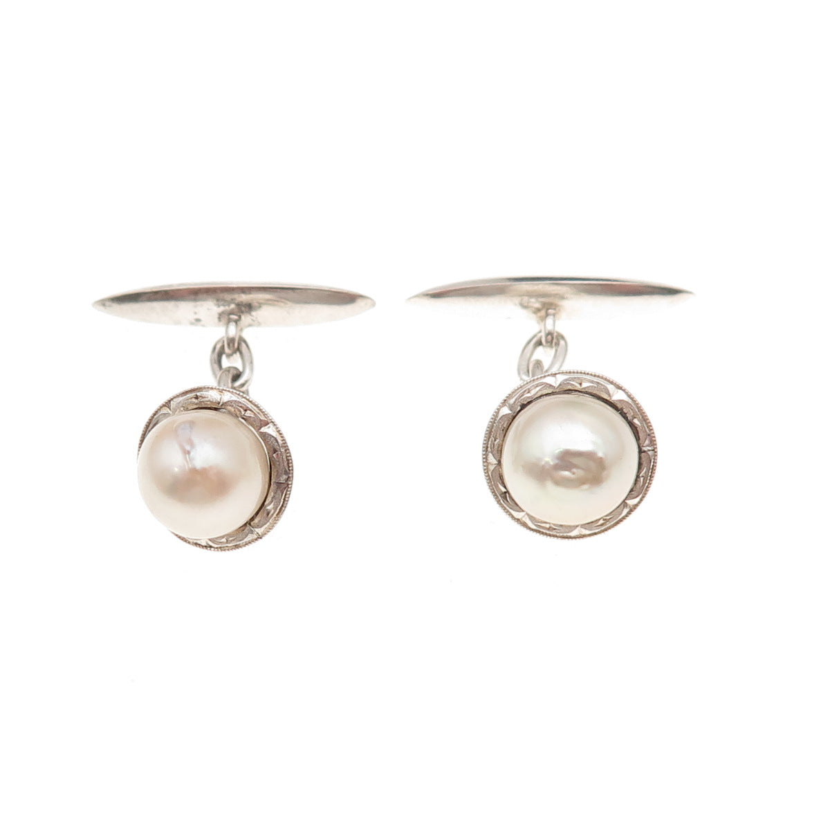925 Sterling Silver Antique Japan Real Akoya Pearl Chain Cufflinks