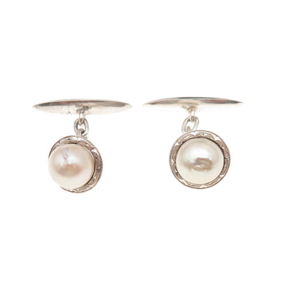 925 Sterling Silver Antique Japan Real Akoya Pearl Chain Cufflinks