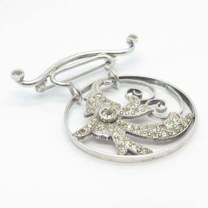 925 Sterling Silver Antique Rhinestone Ornate Round Pin Brooch