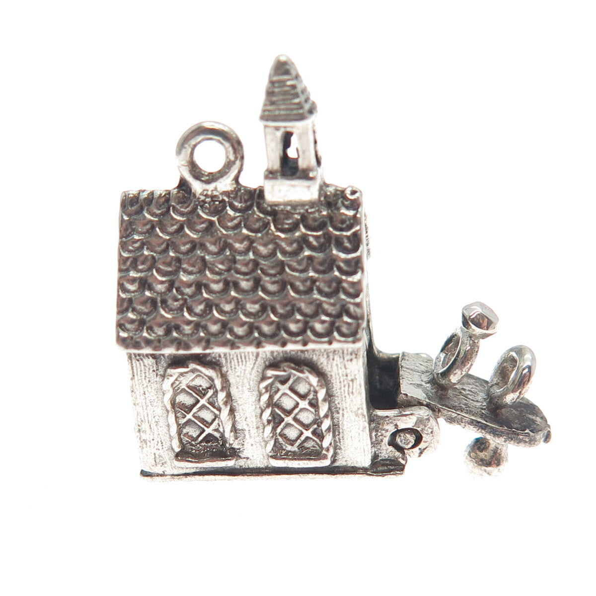 DANECRAFT Sterling Antique Church Opens With Wedding Rings Mini 3D Charm Pendant