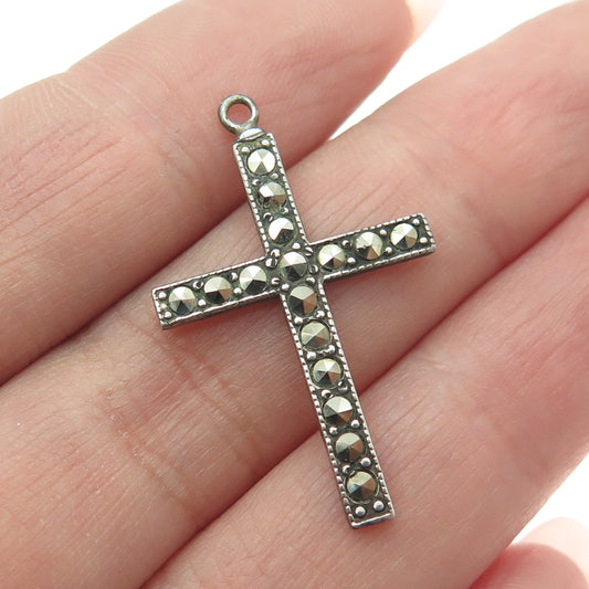 925 Sterling Silver Vintage Real Marcasite Gemstone Cross Pendant