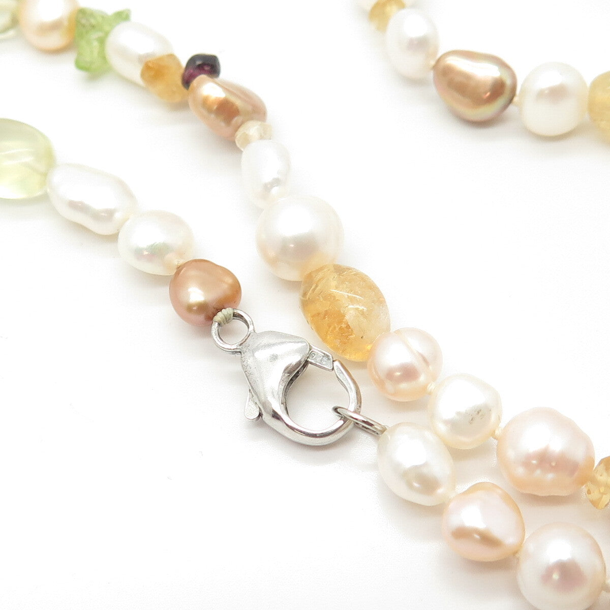 925 Sterling Silver Real Pearl Smoky Quartz Amethyst Citrine Gem Necklace 36"