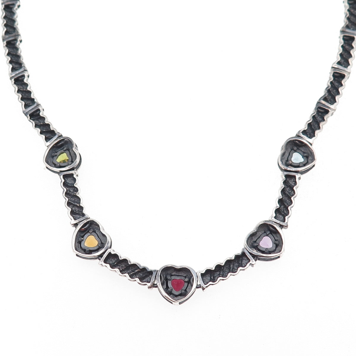 Ross Simons Sterling Silver 14K Gold Vintage Real Multi-Gem Heart Necklace 16"