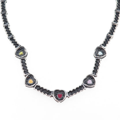 Ross Simons Sterling Silver 14K Gold Vintage Real Multi-Gem Heart Necklace 16"