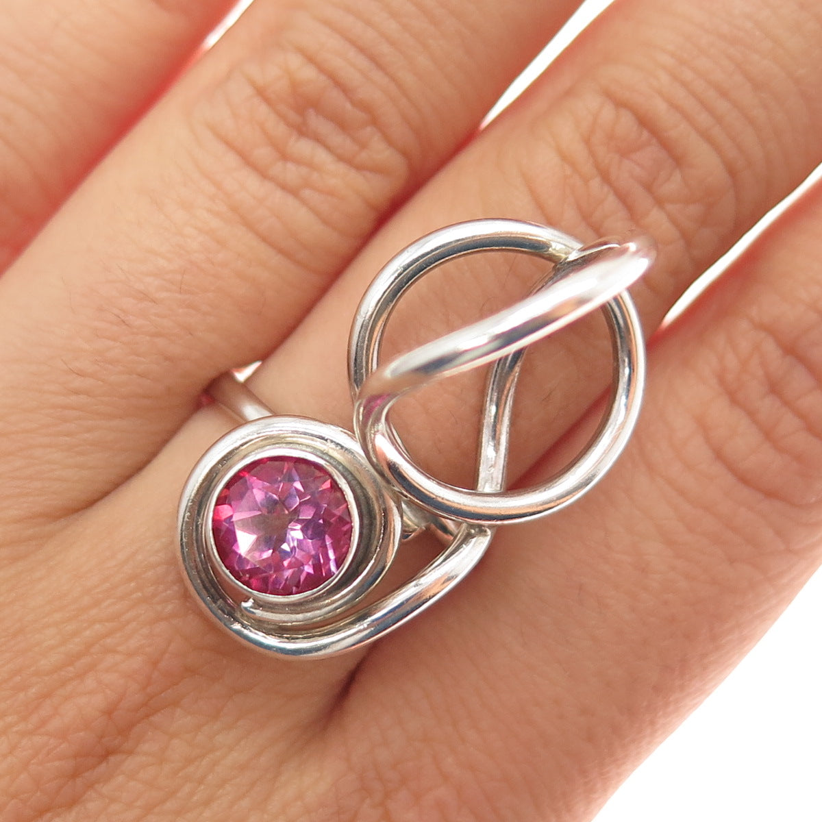 925 Sterling Silver Vintage Real Pink Topaz Modernist Ring Size 8.5