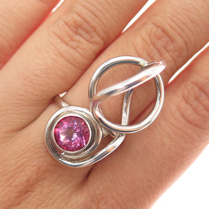 925 Sterling Silver Vintage Real Pink Topaz Modernist Ring Size 8.5