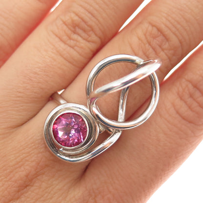 925 Sterling Silver Vintage Real Pink Topaz Modernist Ring Size 8.5