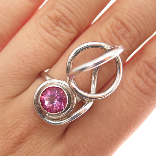 925 Sterling Silver Vintage Real Pink Topaz Modernist Ring Size 8.5