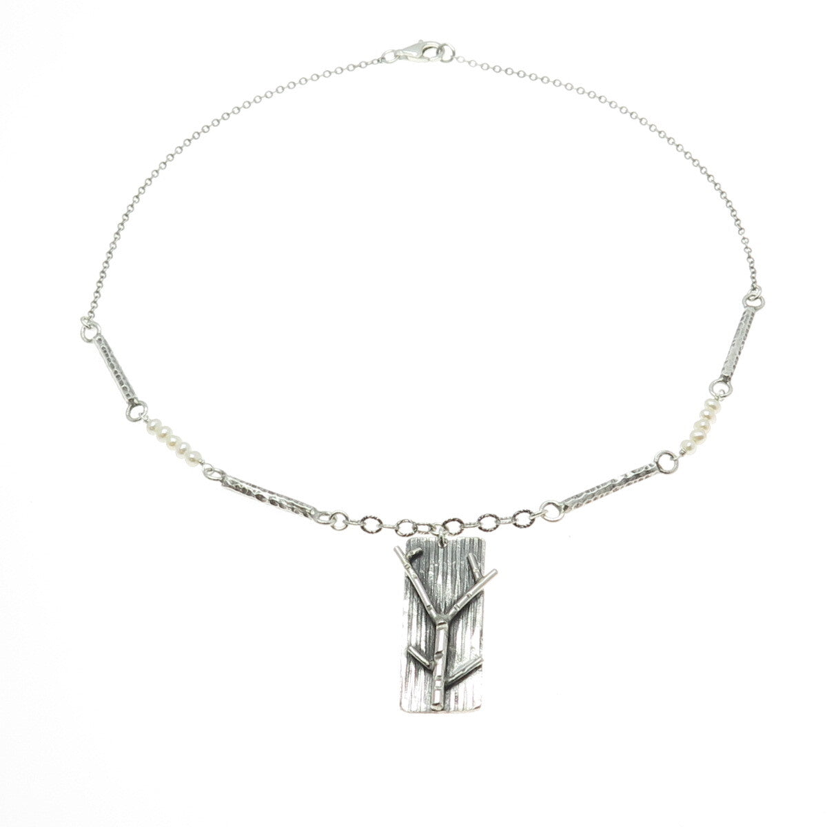 925 Sterling Silver Vintage Real Pearl Branch Modernist Bar Chain Necklace 18"