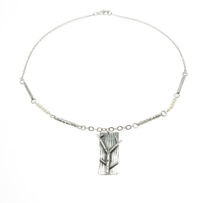 925 Sterling Silver Vintage Real Pearl Branch Modernist Bar Chain Necklace 18"