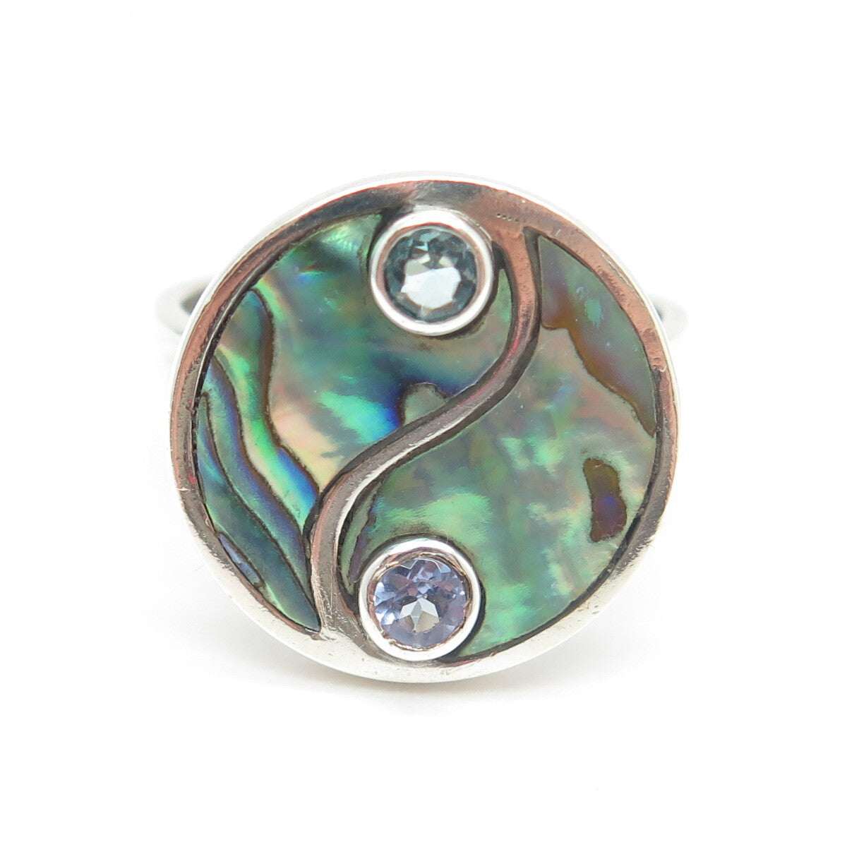 SAJEN 925 Sterling Silver Vintage Abalone Shell Aquamarine Gem Ring Size 9