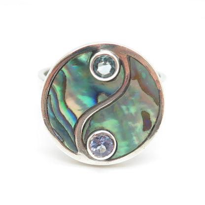 SAJEN 925 Sterling Silver Vintage Abalone Shell Aquamarine Gem Ring Size 9