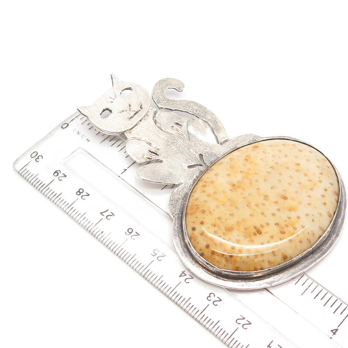 925 Sterling Silver Vintage Real Fossil Cat / Kitten & Turtle Pendant