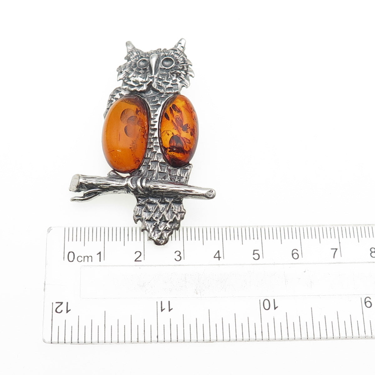 925 Sterling Silver Vintage Poland Real Amber Owl Bird Oxidized Pin Brooch