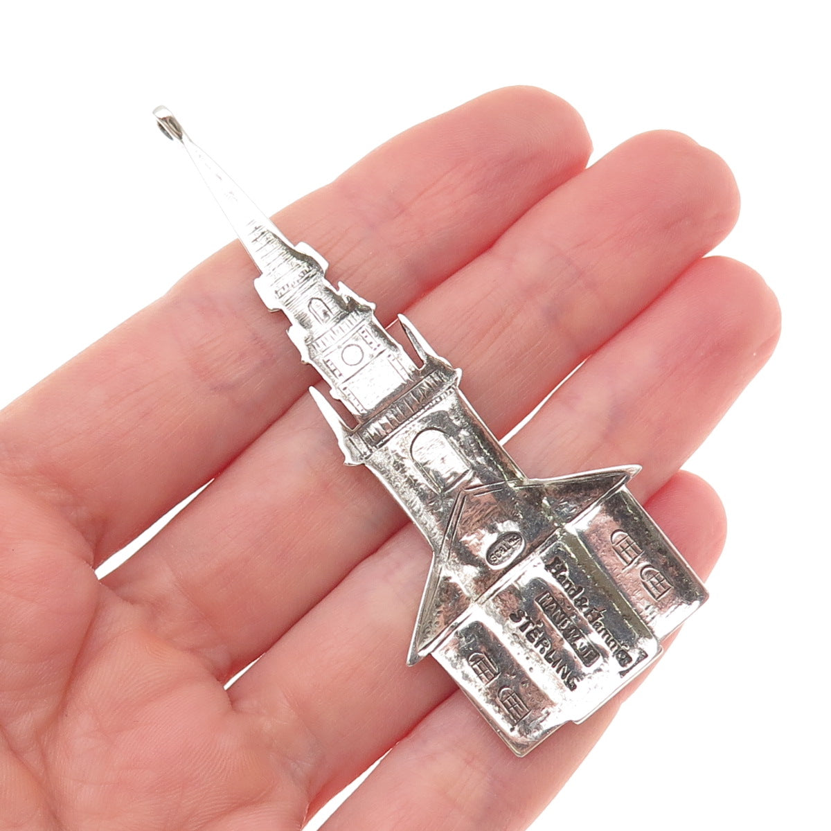 Hand & Hammer Sterling Silver Vintage Old North Church Oxidized Large Pendant