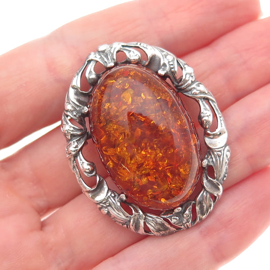 925 Sterling Silver Vintage Sweden Real Amber Floral Oxidized Pin Brooch Pendant
