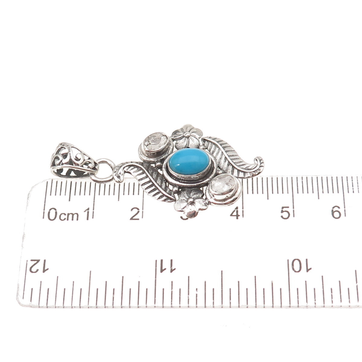 925 Sterling Silver Vintage Real Rose-Cut Diamond & Turquoise Floral Pendant