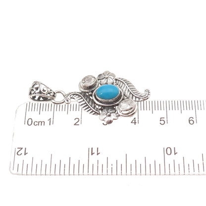 925 Sterling Silver Vintage Real Rose-Cut Diamond & Turquoise Floral Pendant
