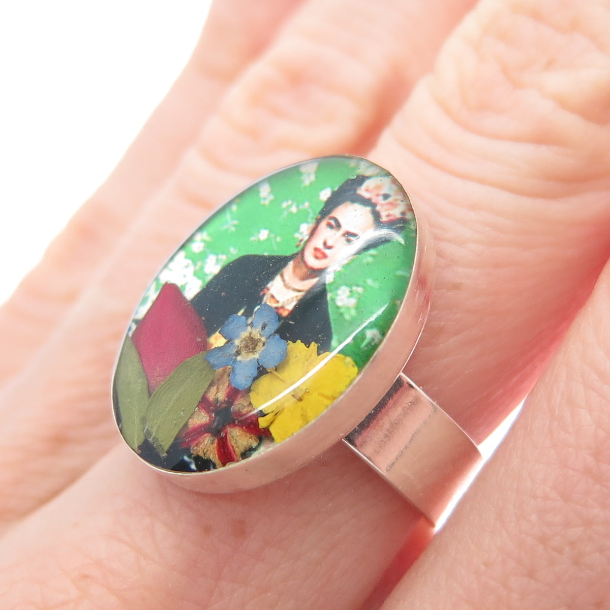 925 Sterling Silver Vintage Enamel Frida Kahlo Pressed Flowers Ring Size 6.75