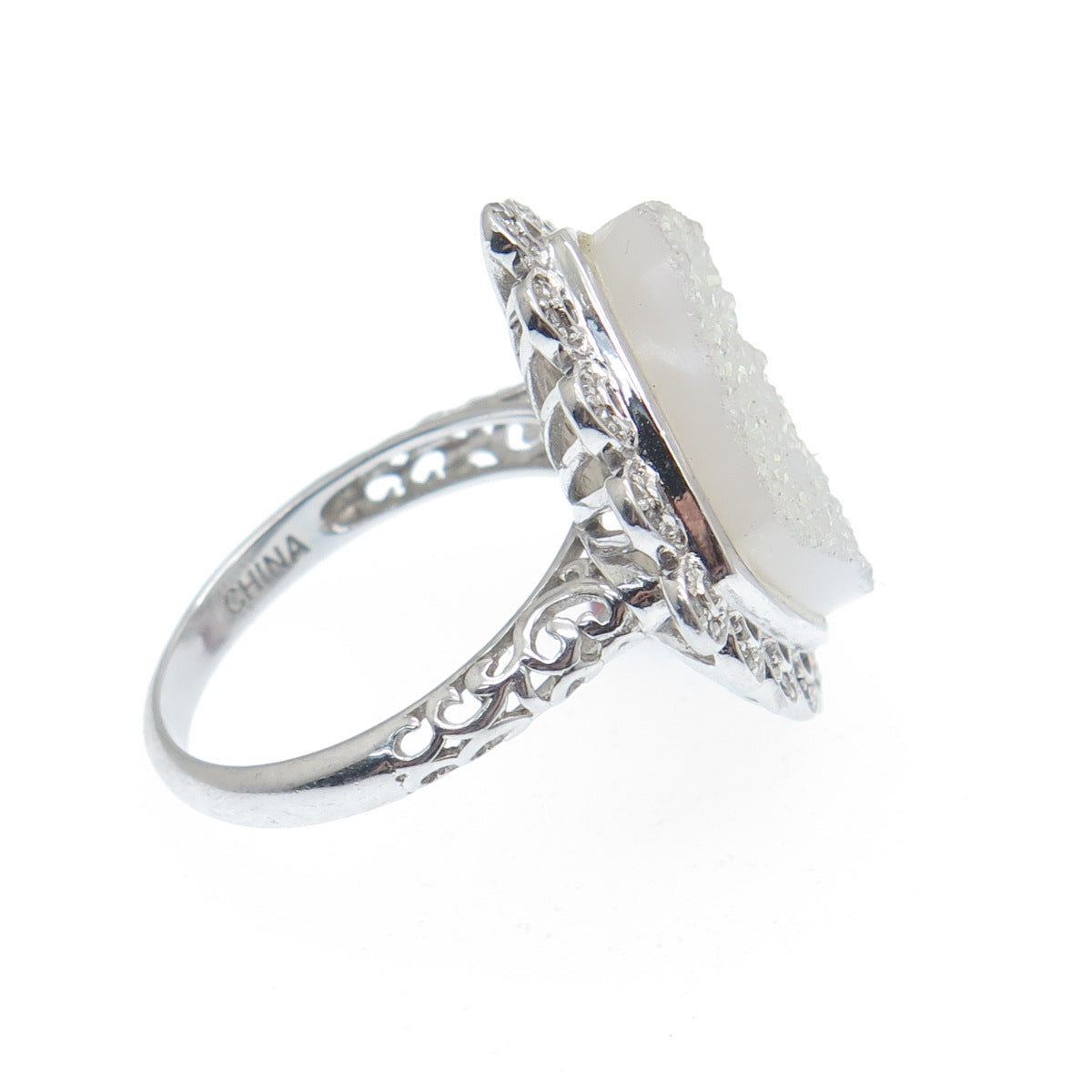 925 Sterling Silver Real Round-Cut Diamond & Druzy Ring Size 8