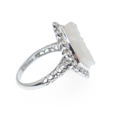 925 Sterling Silver Real Round-Cut Diamond & Druzy Ring Size 8