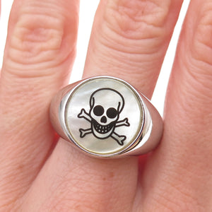 Dasan 925 Sterling Silver Real MOP Skull & Crossbones Signet Ring Size 10.25