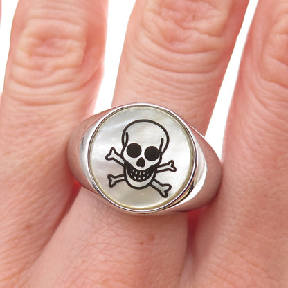Dasan 925 Sterling Silver Real MOP Skull & Crossbones Signet Ring Size 10.25