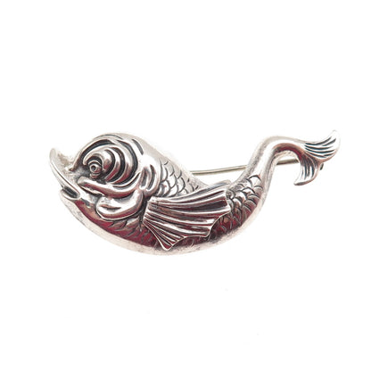 BEAU 925 Sterling Silver Vintage Koi Fish Repousse Oxidized Pin Brooch