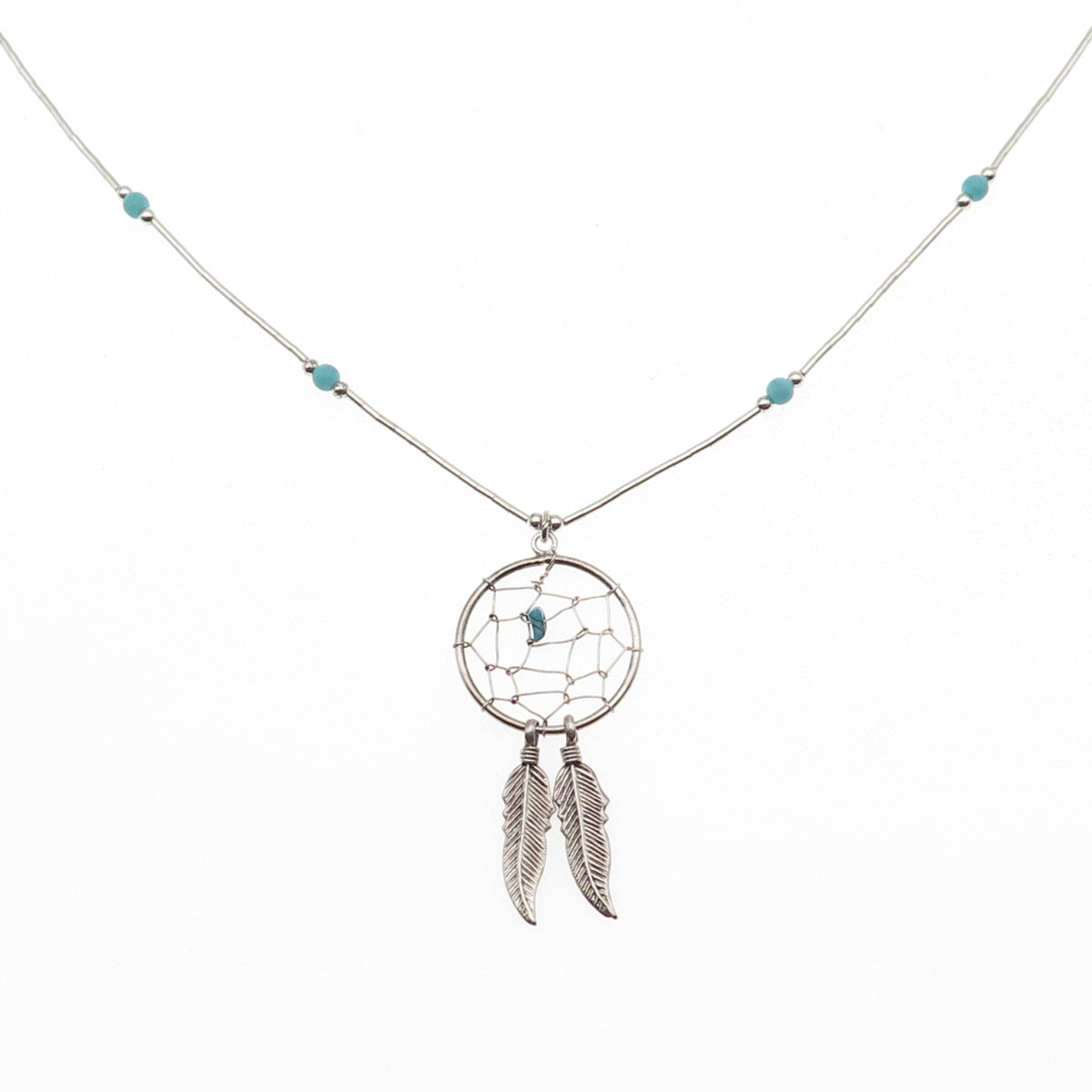 Old Pawn 925 Sterling Vintage Turquoise Dreamcatcher Liquid Chain Necklace 18"