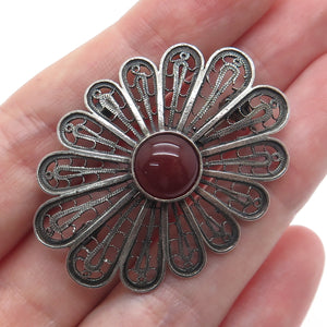925 Sterling Vintage Israel Real Carnelian Filigree Flower Oxidized Pin Brooch