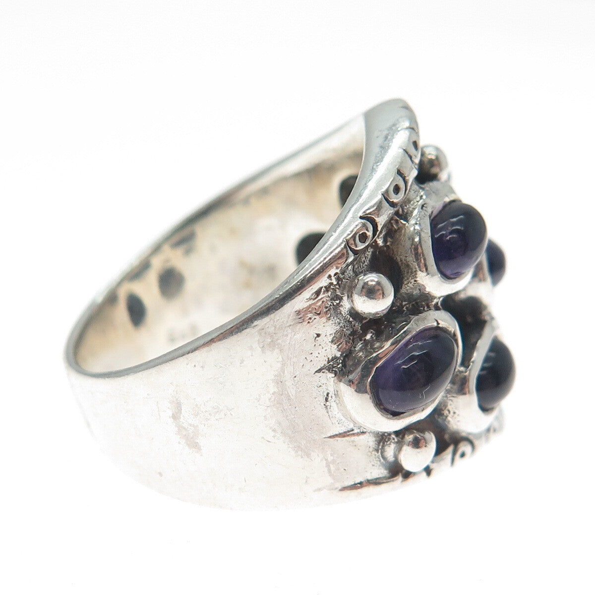 925 Sterling Silver Vintage Real Amethyst Modernist Oxidized Ring Size 6.5