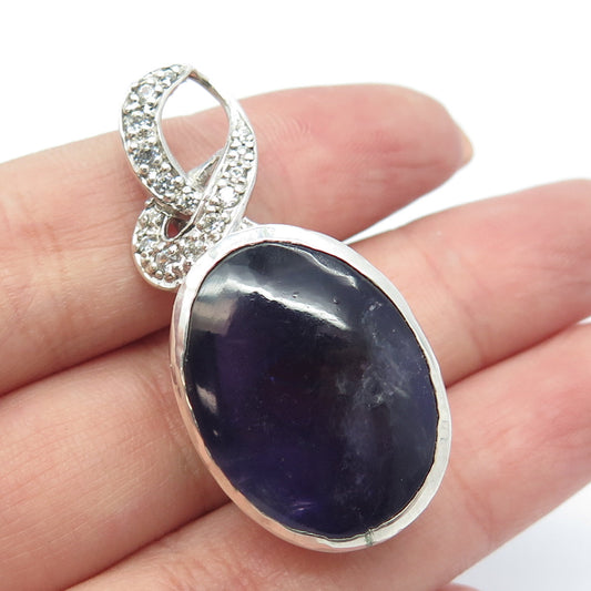 925 Sterling Silver Vintage Real Amethyst & C Z Oval Pendant