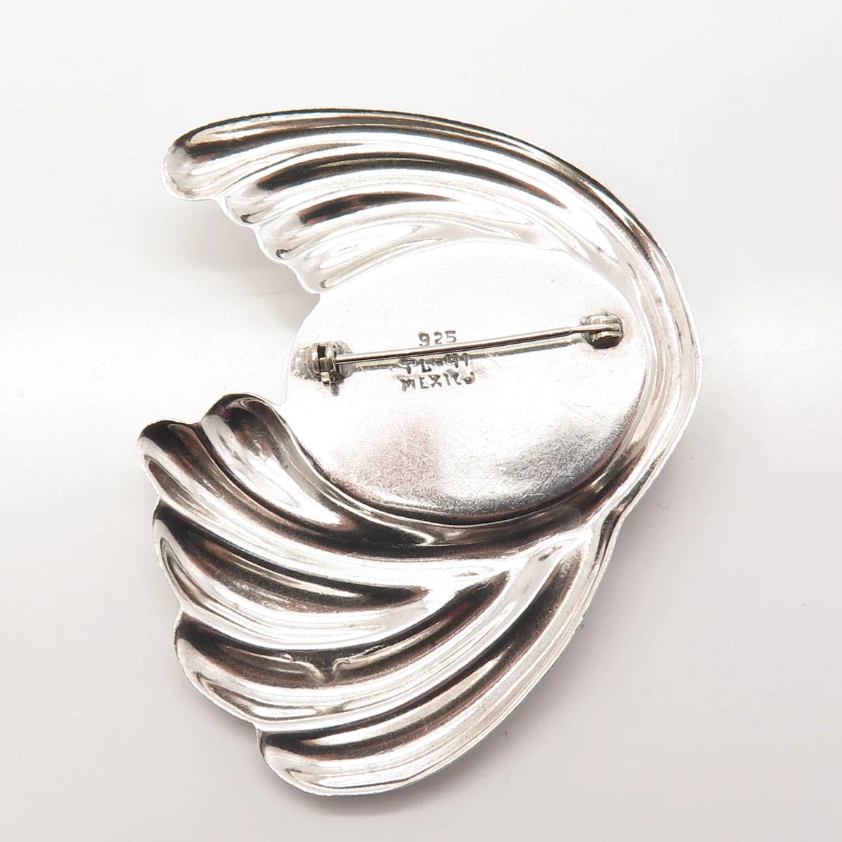 925 Sterling Silver Vintage Mexico Real Black Gem Ribbed Modernist Pin Brooch