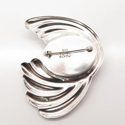 925 Sterling Silver Vintage Mexico Real Black Gem Ribbed Modernist Pin Brooch