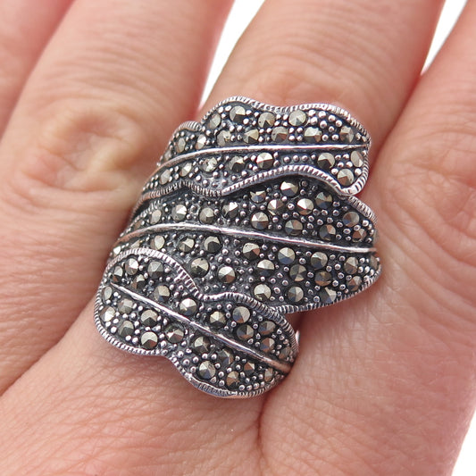 925 Sterling Silver Vintage Real Marcasite Floral Leaf Oxidized Ring Size 7.75
