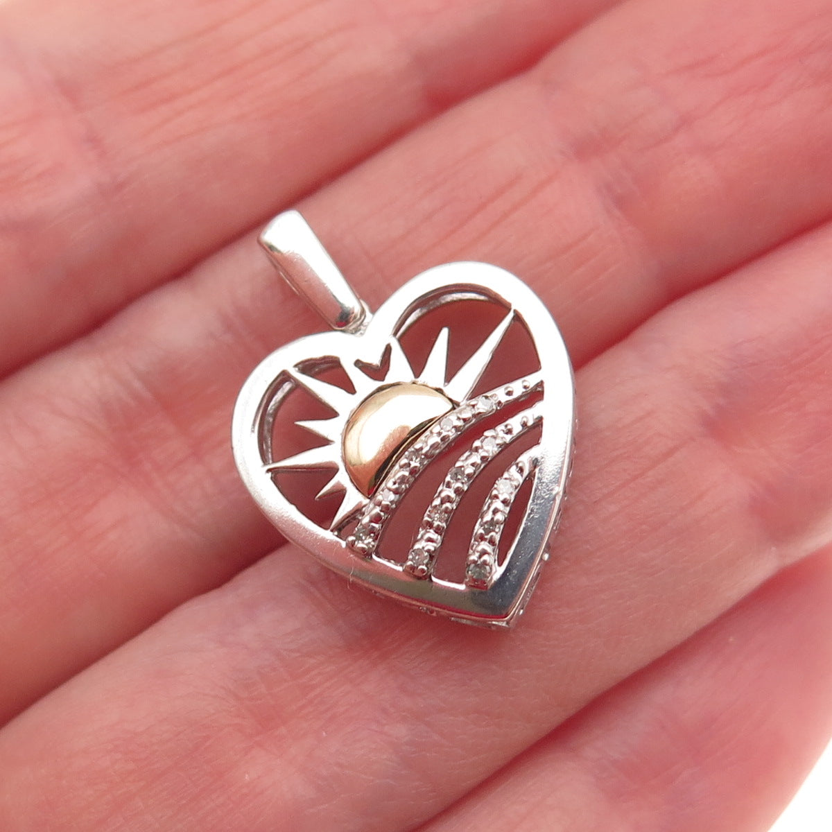 Alwand Vahan Sterling Silver 14K Gold Real Diamond Sunrise Heart Mini Pendant