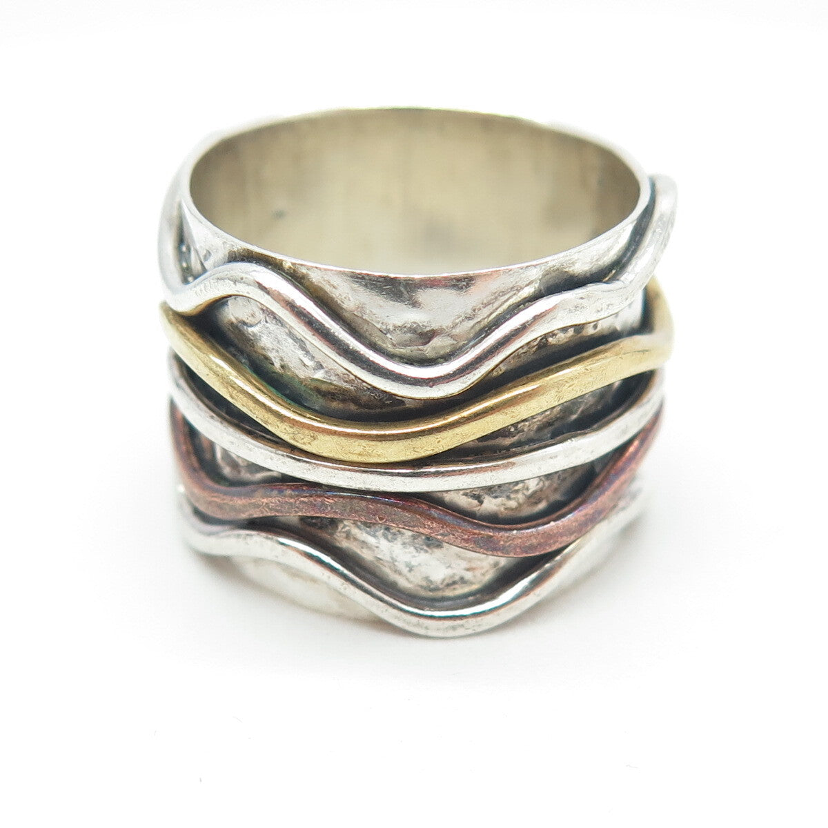 925 Sterling Silver 3-Tone Vintage Modernist Wavy Ring Size 8.5