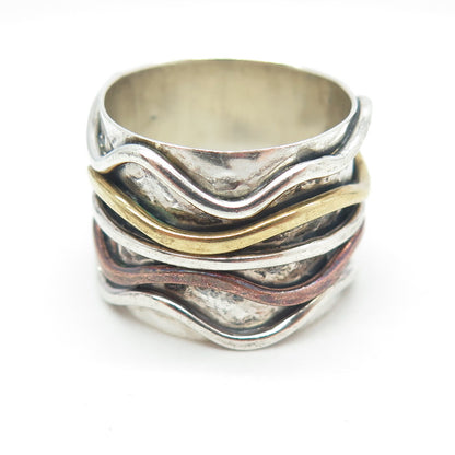 925 Sterling Silver 3-Tone Vintage Modernist Wavy Ring Size 8.5