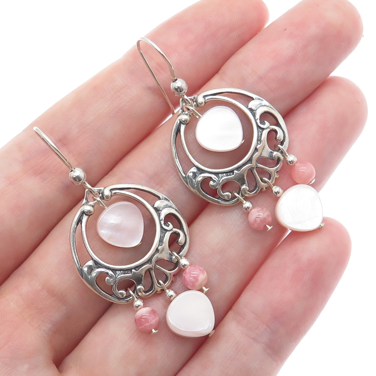 SHUBE 925 Sterling Silver Vintage Real MOP & Rhodochrosite Dangle Earrings