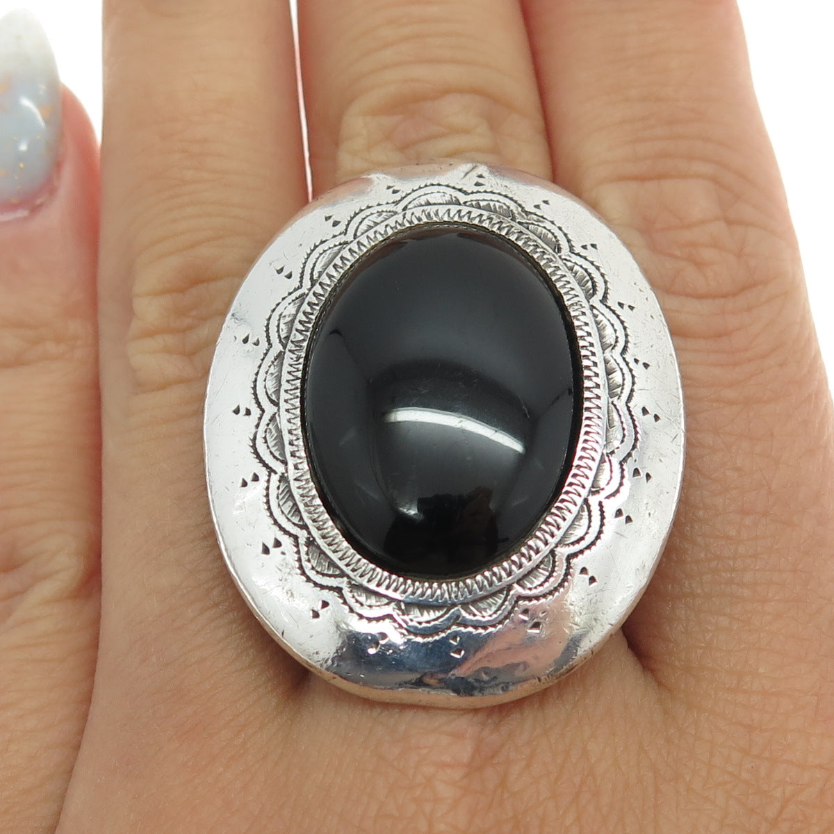 LUCE Old Pawn Sterling Silver Vintage Real Black Onyx Statement Ring Size 8.25