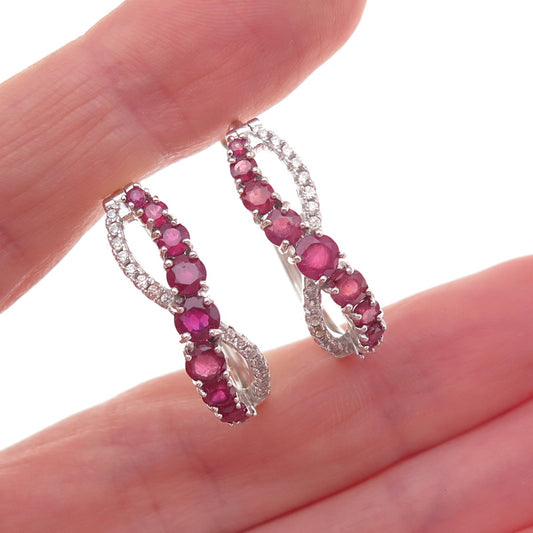 925 Sterling Silver Real Ruby & White Topaz Infinity Hoop Earrings