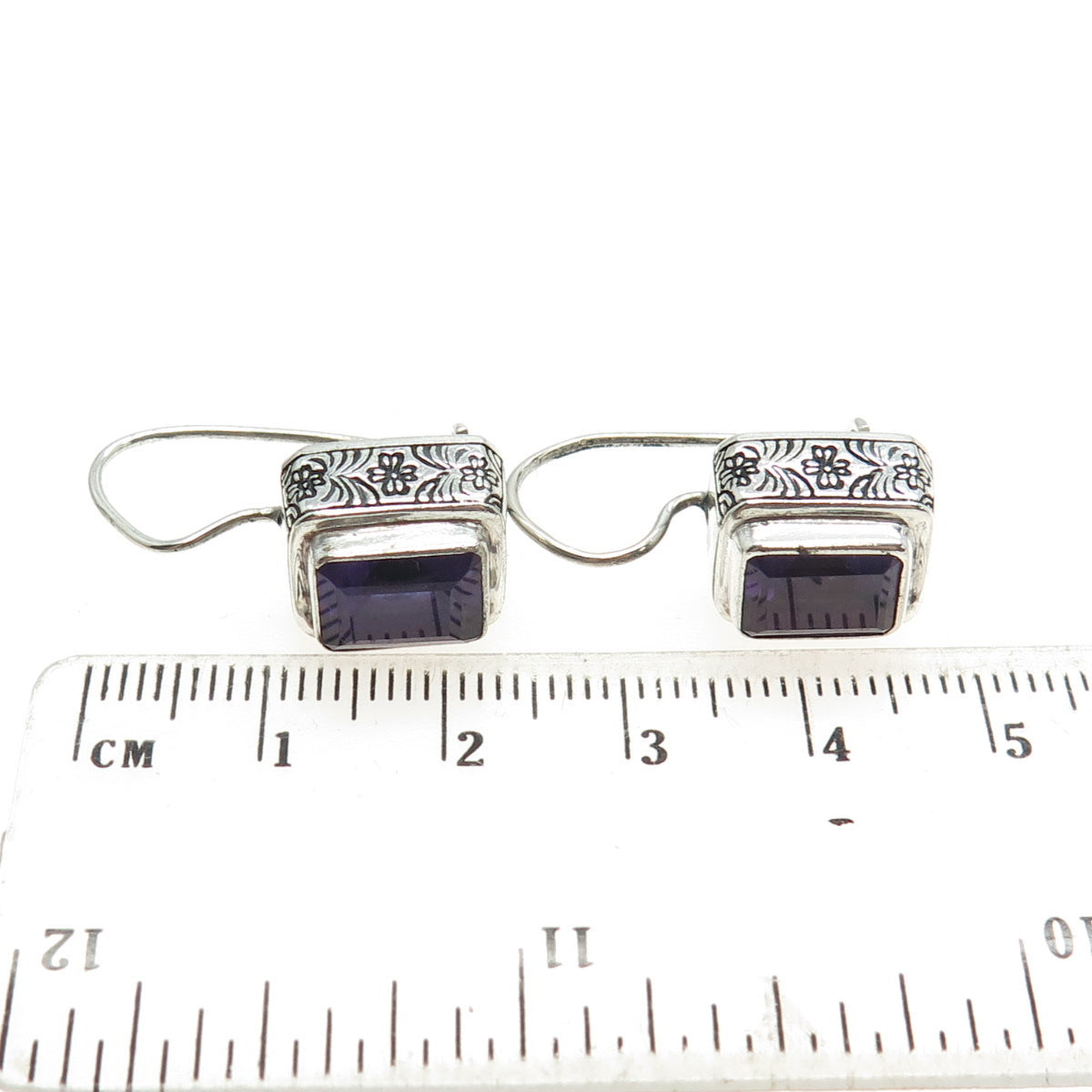 FUSION 925 Sterling Silver Vintage Real Emerald-Cut Amethyst Earrings