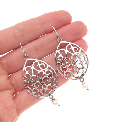 925 Sterling Silver Real Pearl Scroll Dangle Earrings